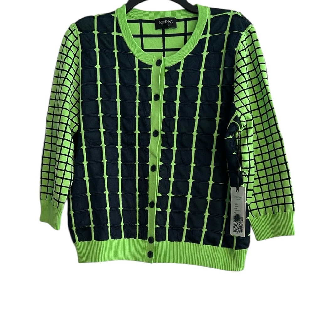 Rondina New York Fitted Geometric Print Cardigan Sweater Grass Green/Navy XL NWT